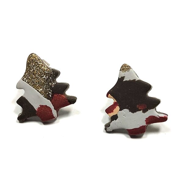 Holiday Christmas Tree Stud Post Earrings Multicolor Camo Gold Glitter Seasonal - Picture 5 of 13